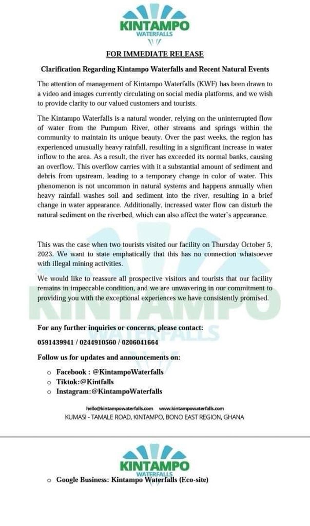 #Agoo📢
The viral video suggesting 'galamsey' caused the Kintampo Waterfalls' colour change has been debunked.

Management explains that heavy rains brought mud and temporarily changed the water's appearance.

#Agoo📢 #investInHer #InvestInGirls #Agoo📢