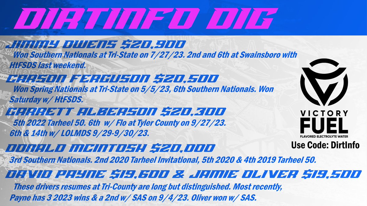 Hey @DustinJarrett, you keep telling us how much help you need with your @DirtDraft lineup. Don't fret, the DirtInfo team has your back. Check out the Dig for the 18th Annual Tarheel 53 from @tricountytrack and get that lineup locked nice and early!