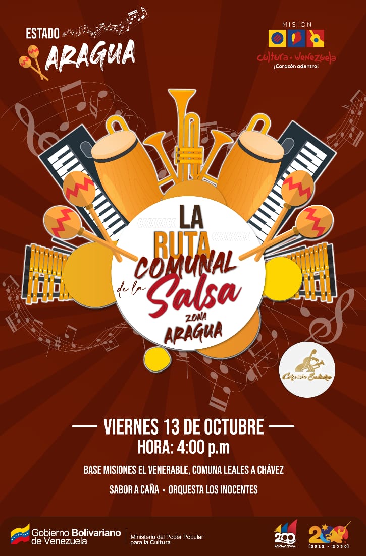 #LoAfirmativoVenezolano Ahora le toce el turno al municipio #FLA / #Aragua para disfrutar de la Ruta Comunal de la Salsa con la Orquesta "Sabor a Caña" y "Los Inocentes". Viernes #13oct 4:00 p.m. Base de Misiones El Venerable Comuna "Leales a Chávez" ¡No te lo puedes perder!