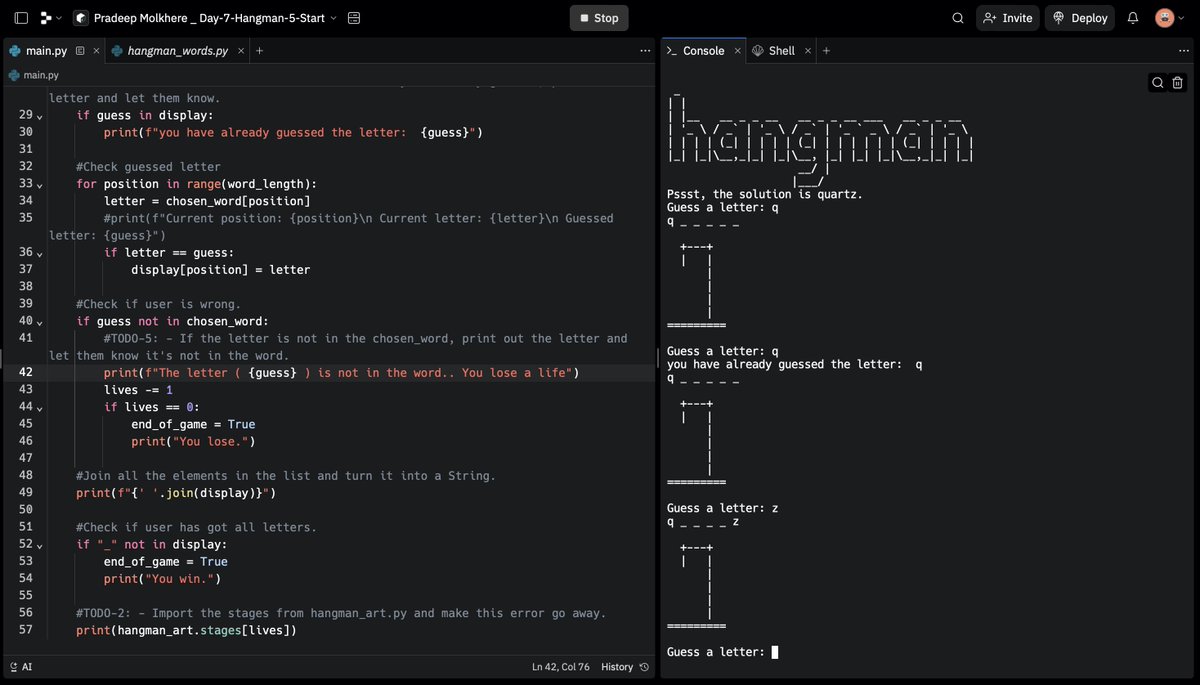 Pradeepmolkhere's tweet photo. Day 7 of #100DaysOfCode! 🚀 Today, I created a Hangman game, weaving together For and While loops, If/Else statements, lists, strings, modules, and more! 🎮💡 The learning journey is getting richer, and I'm having a blast with every line of code! 💻🔤 #Python #CodingJourney https://t.co/fEEy7lny0Y