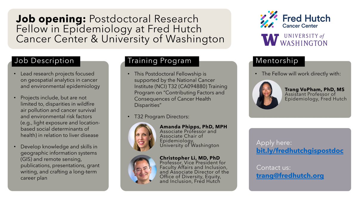 TrangVoPham's tweet photo. We are hiring a Postdoctoral Fellow @FredHutch & @UWSPH in beautiful Seattle to lead research on geospatial analytics for cancer & environmental epidemiology. This position is supported by a new T32 Training Program on cancer health disparities. Please share – thank you so much! https://t.co/KrfaSpX4aX