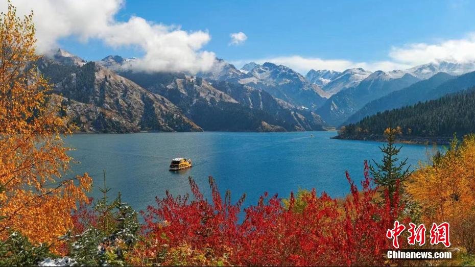 新疆天山天池迎来秋季赏景最佳时节
金秋十月，新疆天山天池迎来了秋季赏景的最佳时节，景区内层林尽染，斑斓如画。金黄色的树叶如同开放在秋日里的繁花，在阳光下熠熠生辉，行走在其间，仿佛置身画卷之中。