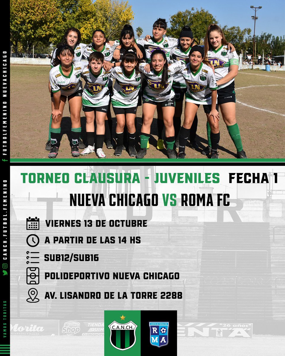 CanchFutbolFem's tweet photo. ⠀⠀

¡Juegan las Juveniles! 💚🖤

🏆 Liga FutFem 2023 (Clausura)
📌 Fecha 1 (postergada)
📆 Viernes 13 de octubre
⌚ A partir de las 14:00 hs.
🆚 Roma
🏟 Nueva Chicago
📍 AV: Lisandro de la Torre 2288
🎟: $700
.
.
.
.

@dto.deportes
@nuevachicago

.
.
.
. https://t.co/04RfExSjvk
