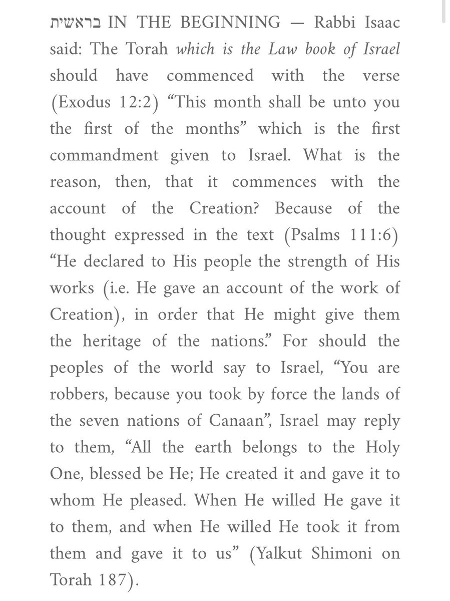 DBashIdeas's tweet photo. Rashi begins his commentary on the entire Torah—the opening verse— discussing the eternal connection of the Jewish people to the land of Israel. 

His comments on the first verse in the Torah will be read this Shabbos. https://t.co/D05dAUsvCB