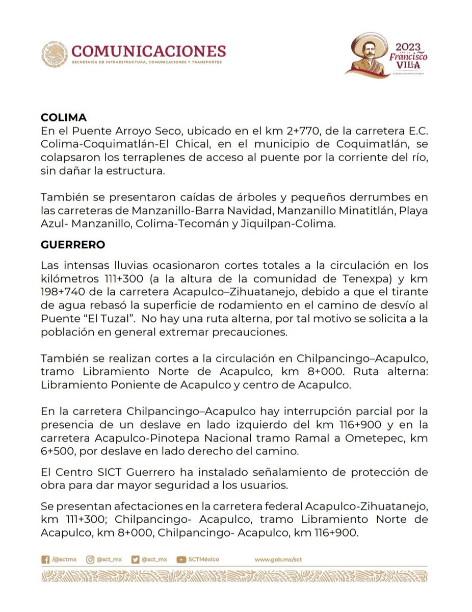 SICT_Zacatecas's tweet photo. 🔴#ComunicadoSICT
Atiende @SICTmx afectaciones en red carretera federal por #HuracánLidia y #TormentaMax.🌦️👷♀️👷🛣️
1/2 https://t.co/u1hZvwAWto