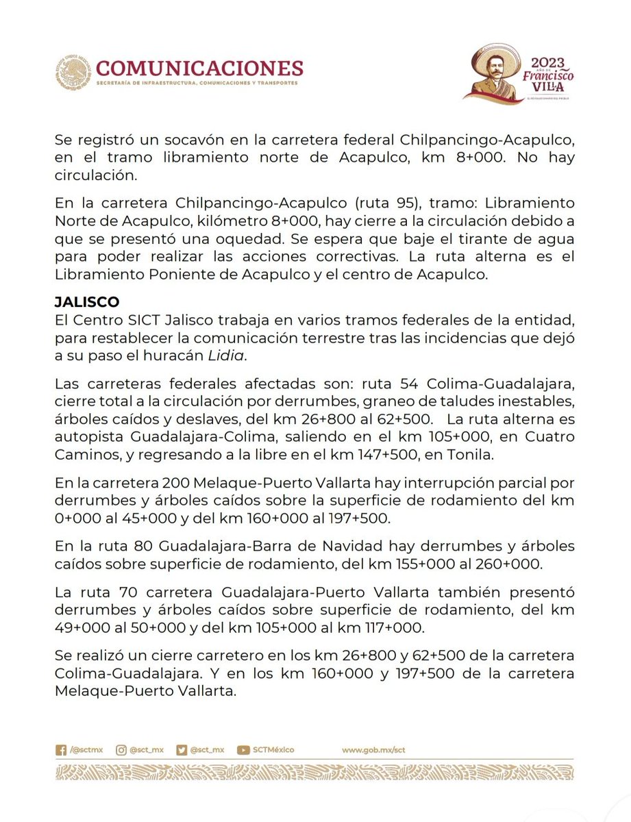 SICT_Zacatecas's tweet photo. 🔴#ComunicadoSICT
Atiende @SICTmx afectaciones en red carretera federal por #HuracánLidia y #TormentaMax.🌦️👷♀️👷🛣️
1/2 https://t.co/u1hZvwAWto
