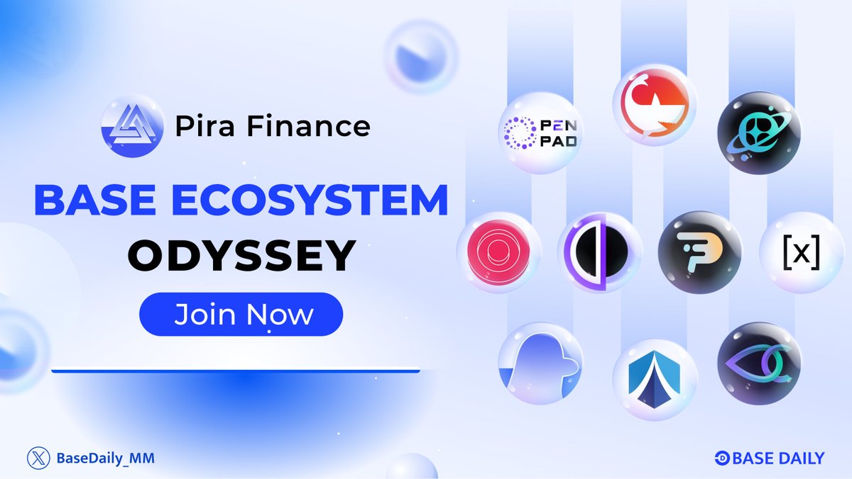 BaseDaily_MM's tweet photo. 🚀 Welcome to the Base Ecosystem Odyssey - an exciting event by @PiraFinance 🔥

⏰ Duration: 2023/10/11 - 2023/10/15

✅ Complete simple tasks to share exciting rewards

Join now: https://t.co/oiXi5UcMsM

#BaseDaily #BuildOnBase #BaseOdyssey https://t.co/pyIokIqhLS