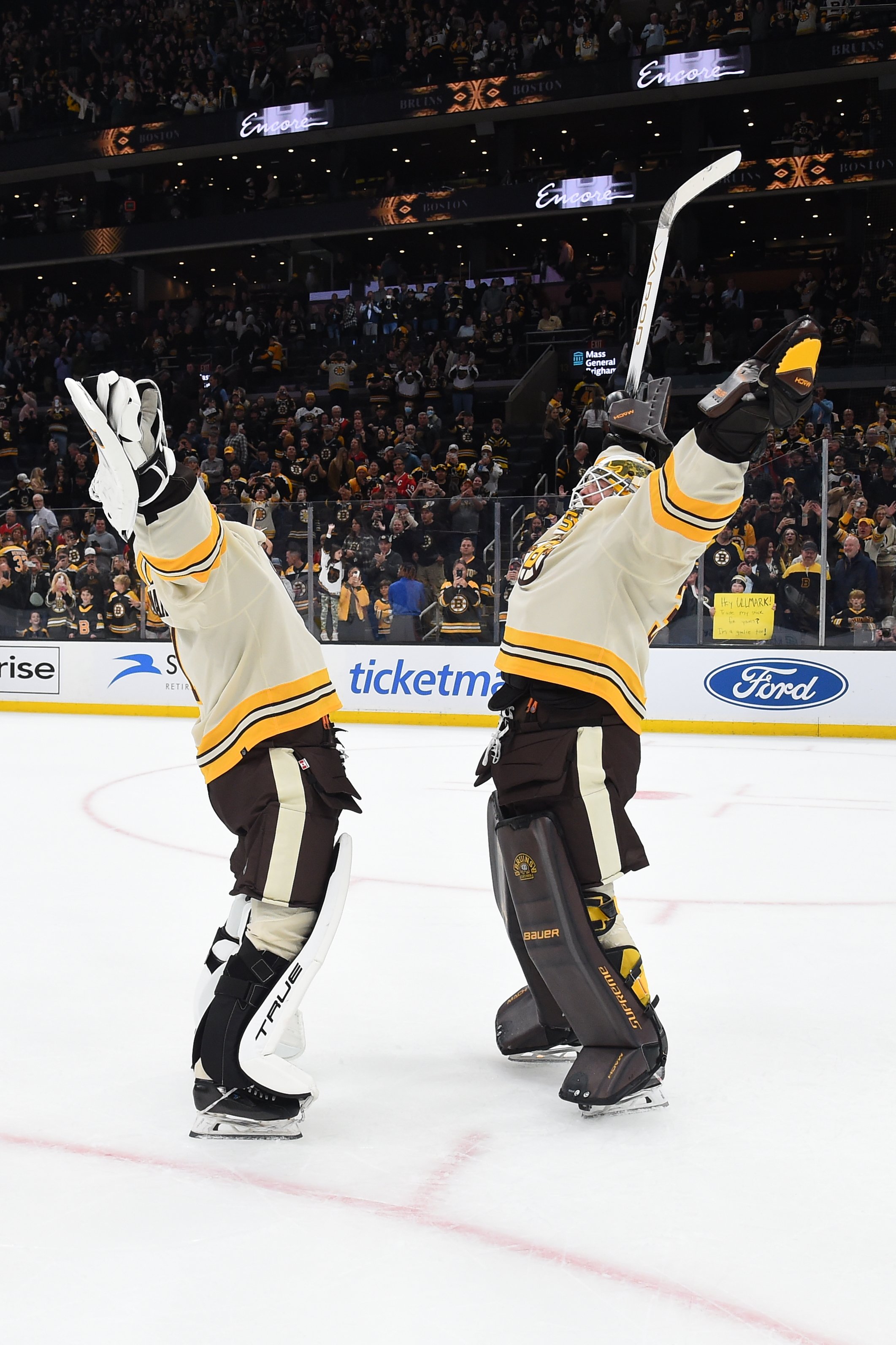 Bruins Goalies Hug It Out Puck, EXCLUSIVE