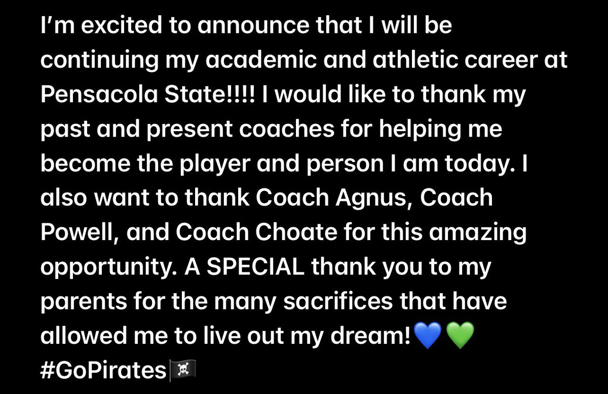 Super excited for my next two years, I can’t wait to see what the future holds!!💙💚 <a href="/PSCSoftball/">Pensacola State Softball (FL)</a> 
#GoPirates🏴‍☠️ <a href="/langus14/">Lyndsey Angus</a>  <a href="/CoachCP15/">Caroline Powell</a> <a href="/xtremedemarini/">Jim Lewis</a>
