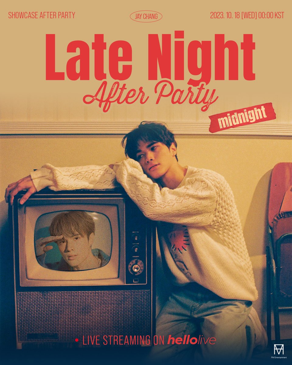 #hello_NEW

#제이창 의 Late Night 그 후,🌙
프라이빗한 ‘After Party'에 여러분을 초대합니다💌

⏰10. 18 (Wed) 00:00 KST *midnight!
📎hellolive.tv/ko/detail/149

🎁라이브팩 구매하신 분들 중 추첨 증정 이벤트!
✔️비디오콜 티켓(20명) 
✔️쇼케이스 현장 참여 티켓(50명)

#JAYCHANG
