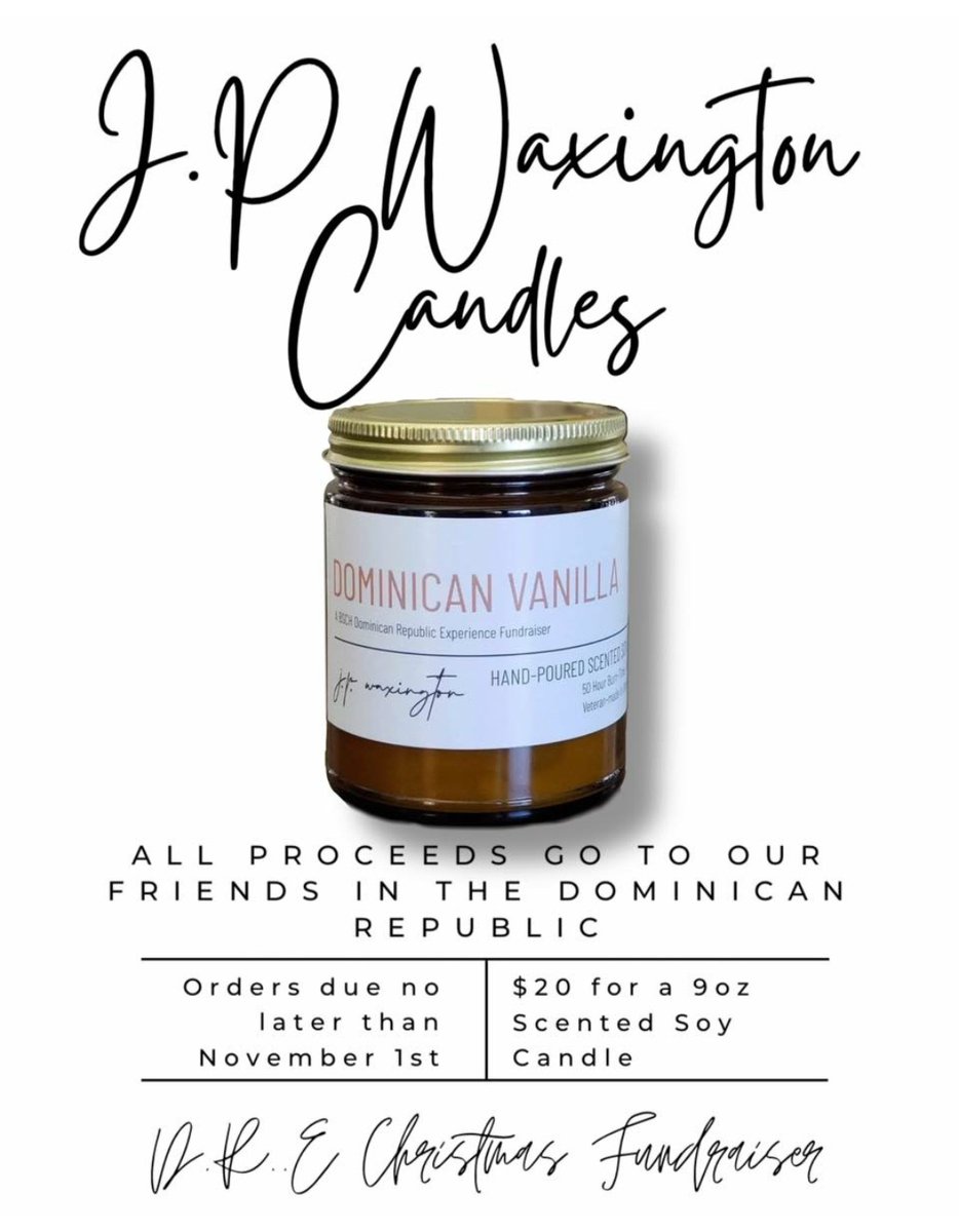 JP Waxington candles are now on sale <a href="/BishopSmithCH/">Bishop Smith Catholic High School</a>.  Purchase a 9 oz Dominican Vanilla soy candle in support of the DR. Candles are $20 and are now on sale until November 1 on school cash online, as well as during parent teacher interviews on October 19. <a href="/RCCDSB/">RCCDSB</a>