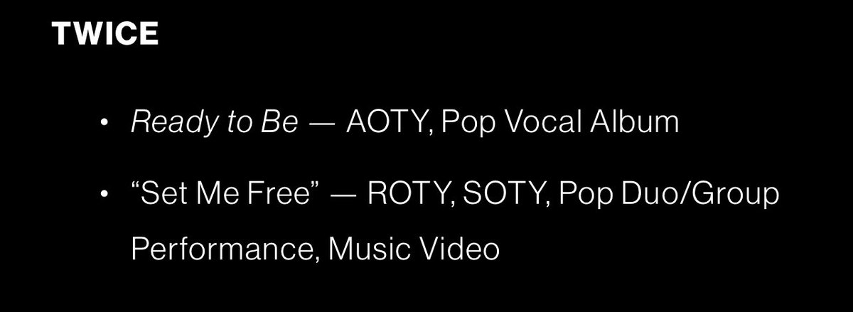 tzujuliee's tweet photo. TWICE Submission Consideration for 2024 GRAMMYS!

READY TO BE:
Album of the Year, Pop Vocal Album
SET ME FREE:
Record of the Year, Song of the Year, Poo Duo/Group Performance, Music Video https://t.co/YJXdKAkq9x