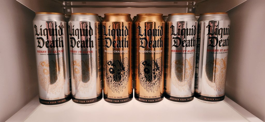 antwon250's tweet photo. Not a sponsor (for now....?), but I have a shelf in my fridge dedicated to @LiquidDeath https://t.co/49R72zxAmZ