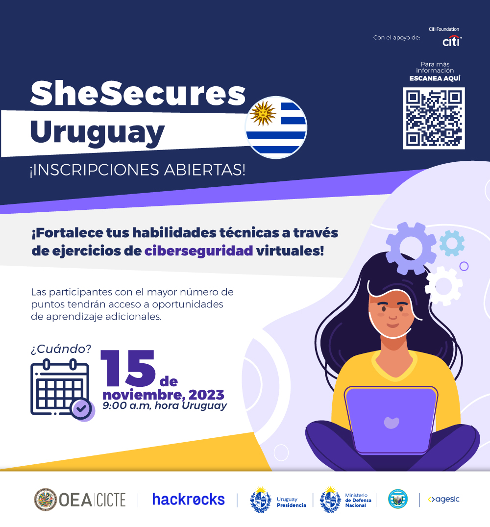 Mujeres mayores de 16 años en Uruguay🇺🇾, ¡aprovecha la oportunidad de aprender sobre #ciberseguridad! 
📣Únete al desafío el 15 de noviembre.👩‍💻 #SheSecuresUruguay
📝 Inscripción: shesecures-uruguay.hackrocks.com
 ℹ️ Más info: shesecures-uruguay.hackrocks.com/info/about

<a href="/hackrocks_/">hackrocks</a> <a href="/Citi/">Citi</a> <a href="/agesic/">Agesic</a> <a href="/MDN_Uruguay/">MDN Uruguay</a>