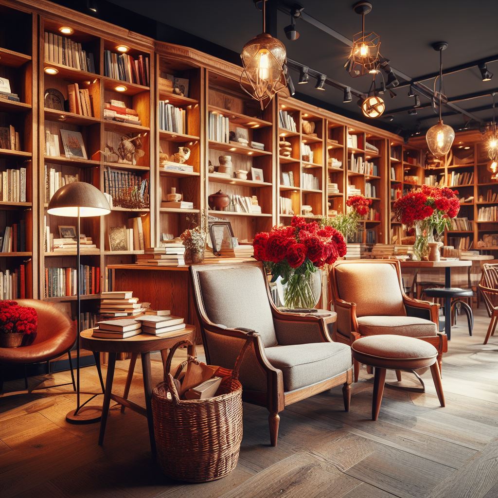 gratefully_jas's tweet photo. I asked Bing #AI to create an image of a cozy bookstore with red flowers. Not bad! https://t.co/AiztXBuAFe
