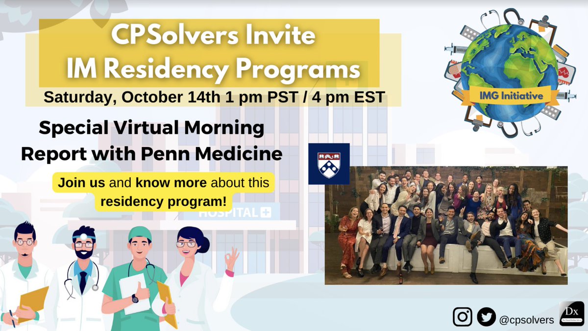The Clinical Problem Solvers (@cpsolvers) on Twitter photo #MedTwitter Join us for a special Virtual Morning Report with Penn Medicine on Saturday, Oct 14 at 4pm EST to learn more about their residency program!
Contact our team <a href="/deboracloureiro/">Debora Loureiro</a> and <a href="/minheredia/">Yazmin A. Heredia Allegretti.</a> if your IM Residency Program is interested in hosting a VMR! #MedTwitter Join us for a special Virtual Morning Report with Penn Medicine on Saturday, Oct 14 at 4pm EST to learn more about their residency program!
Contact our team <a href="/deboracloureiro/">Debora Loureiro</a> and <a href="/minheredia/">Yazmin A. Heredia Allegretti.</a> if your IM Residency Program is interested in hosting a VMR!