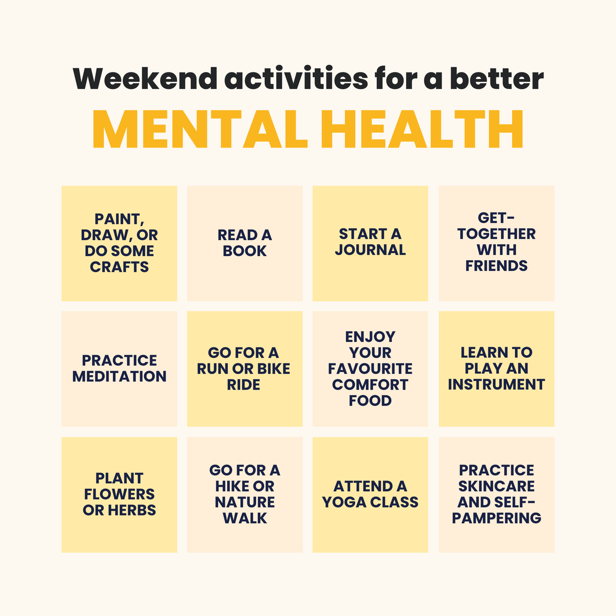 Recharge your mind with these #weekend activities for better #mentalhealth! 🧠✨

Taking care of your mental health is crucial, and weekends are the perfect time to relax and rejuvenate.

Create a weekend routine that supports your well-being. 💕

#MentalHealthMatters