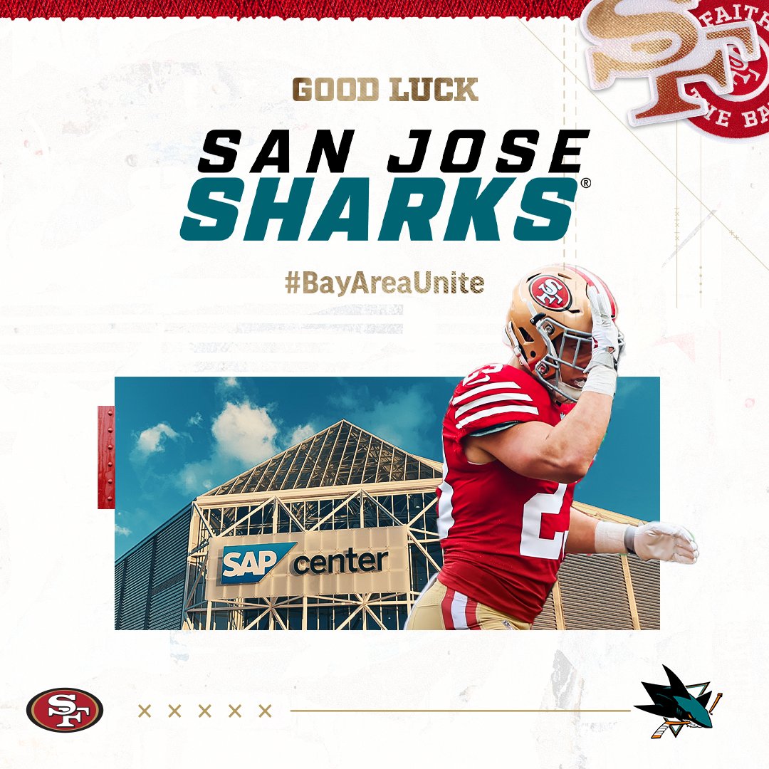49ers's tweet photo. SHAAAAAARKS 🦈

Best of luck to our friends at the @SanJoseSharks this season! 

#SJSharks | #BayAreaUnite https://t.co/H8j6KDiIwQ