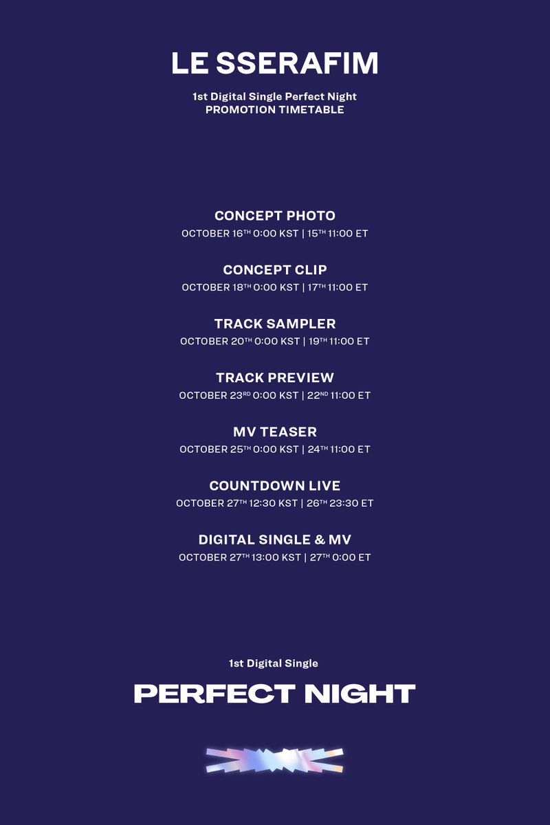 LE SSERAFIM Digital Single 'Perfect Night' PROMOTION TIMETABLE 2023.10.27 1PM (KST) | 12AM (ET) #LE_SSERAFIM #르세라핌 #Perfect_Night