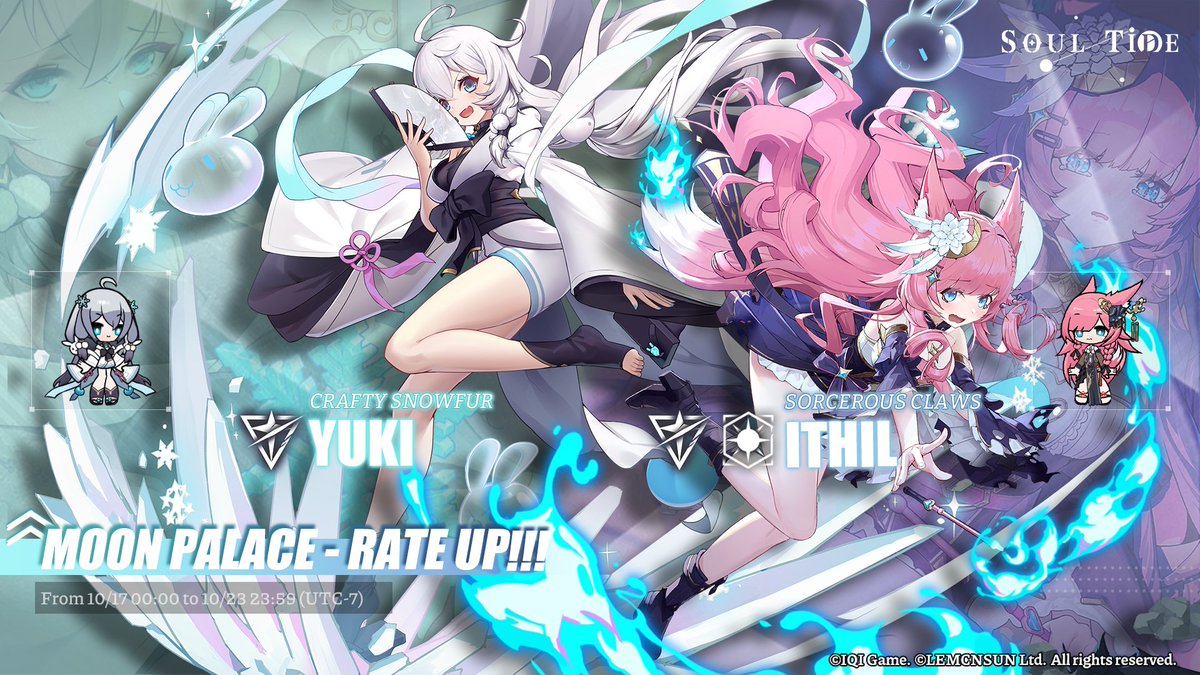 SoulTide's tweet photo. The upcoming Moon Palace will feature Yuki and Ithil! Evokers, make sure to seize this opportunity!
ใDurationใ
10/10 00:00 - 10/16 23:59 (UTC-7)
#SoulTide #MoonPalace #Lemcnsun #Yuki #Ithil https://t.co/DsmKj4SKt1