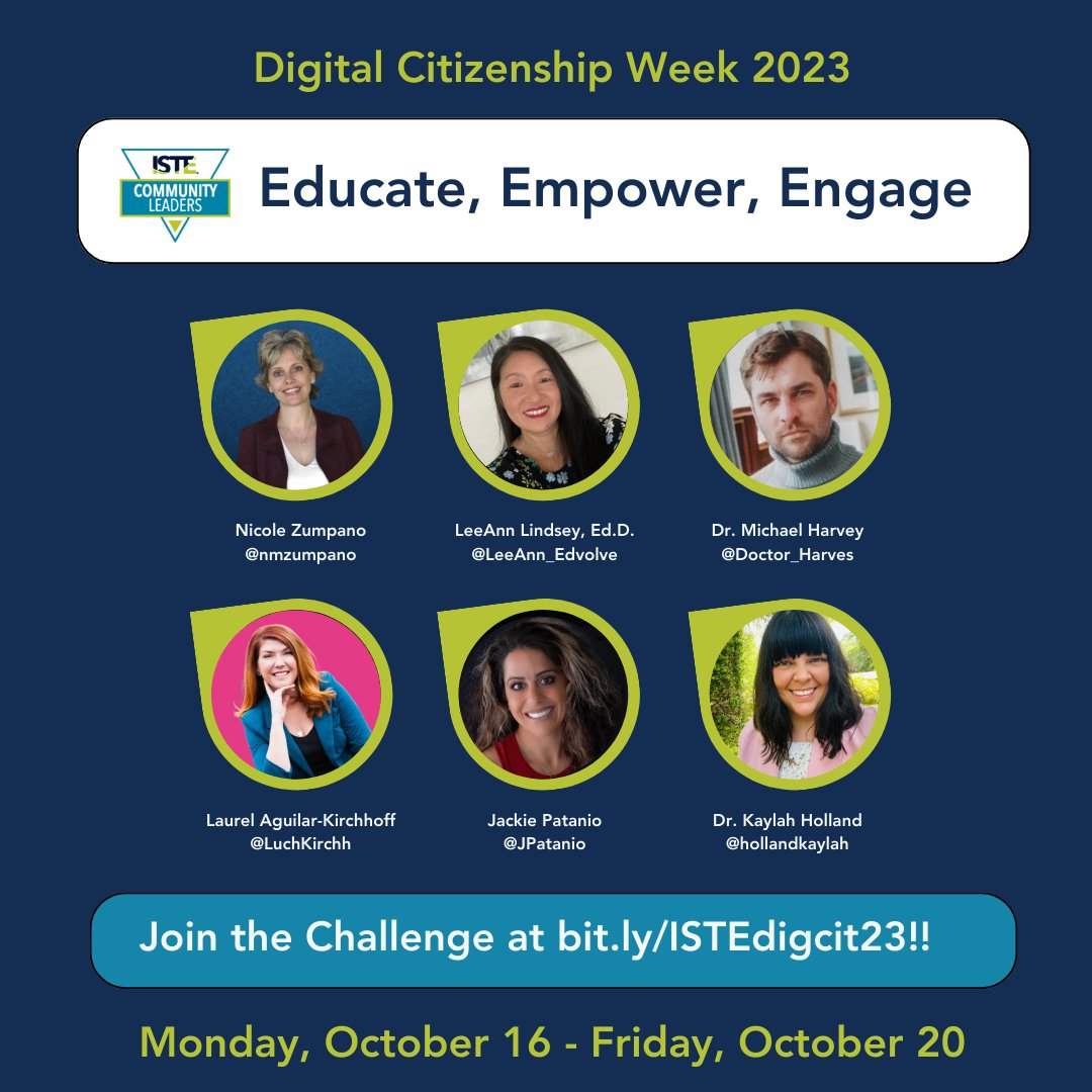 Dr. Kaylah Holland (@hollandkaylah) on Twitter photo Join @ISTECommunity Leaders for DigCitWeek Oct 16-20 with a daily #EducateEmpowerEngage challenge! Tips and resources will be posted with topic specific challenges every day Oct 16-20. Preview videos now at bit.ly/ISTEdigcit23 and get ready to join us on Monday! #DigCit23 Join @ISTECommunity Leaders for DigCitWeek Oct 16-20 with a daily #EducateEmpowerEngage challenge! Tips and resources will be posted with topic specific challenges every day Oct 16-20. Preview videos now at bit.ly/ISTEdigcit23 and get ready to join us on Monday! #DigCit23