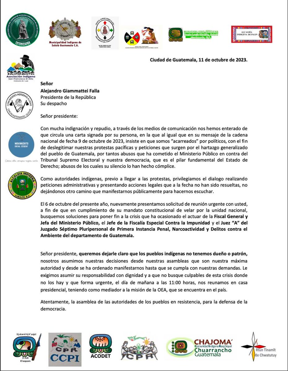 48_CantonesToto's tweet image. ¡EN DEFENSA DE LA DEMOCRACIA!

Carta enviada al Presidente de la República, Alejandro Giammattei, por parte de los Pueblos Originarios en Resistencia Pacífica. 📣

#48Cantones 
#ParoNacional2023