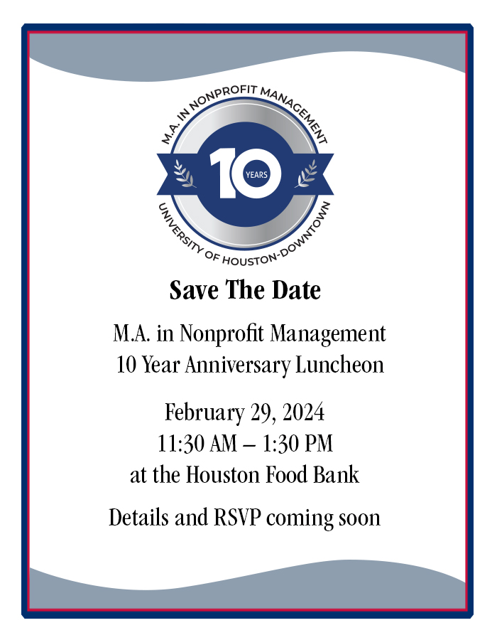 We are excited to announce the 10-year anniversary luncheon of the program! Mark your calendar and join us to (re)connect with each other, engage with our community partner nonprofit organizations, reflect on the many successes of the program, and share a tasty meal!