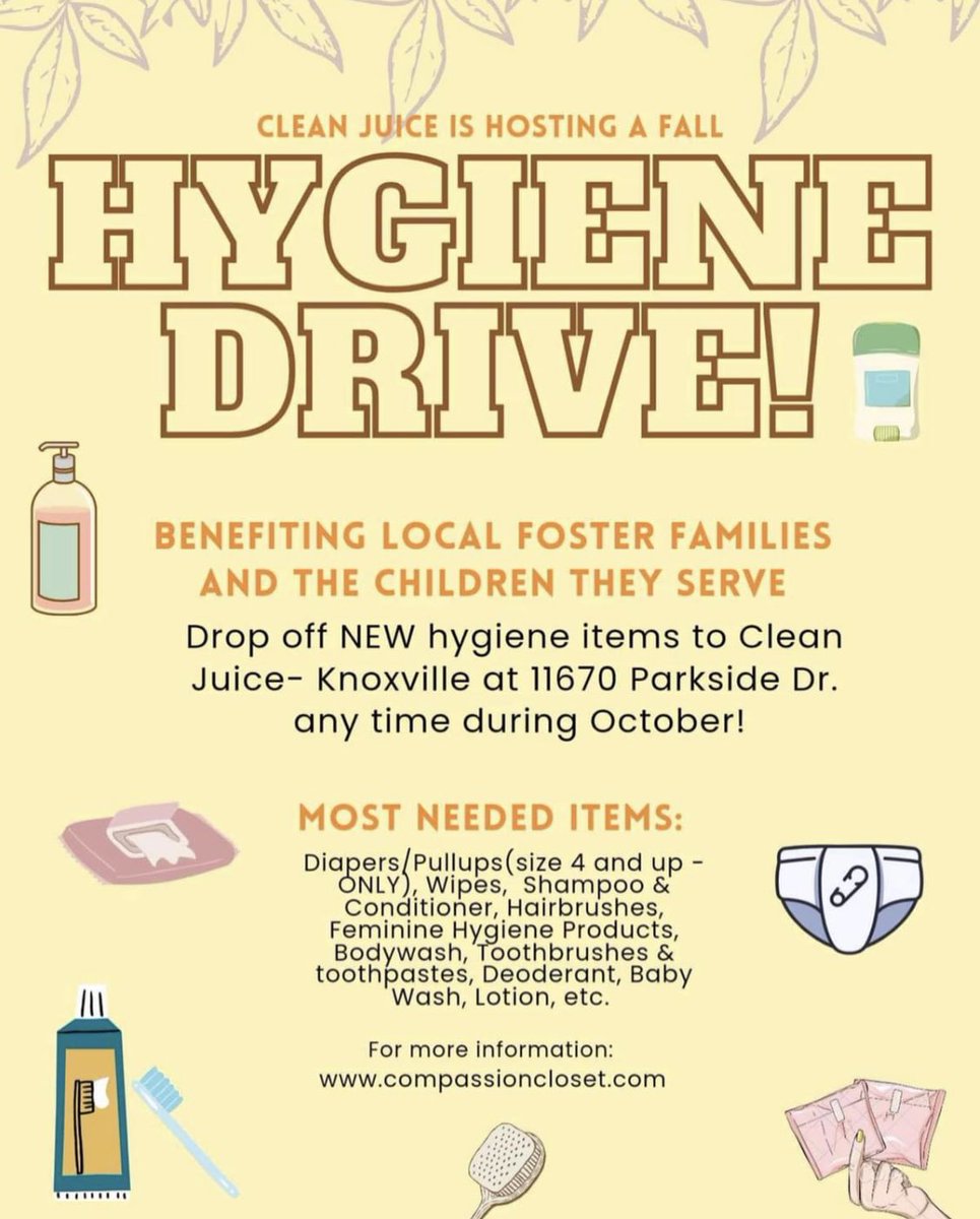 ShopTurkeyCreek's tweet photo. Help Clean Juice support our local foster families and kiddos with a hygiene drive for Compassion Closet, a place families can come for any and all things they may need for the children in their care.    #cleanjuice  #hygienedrive #turkeycreekshopping https://t.co/dzbycpIy6Q
