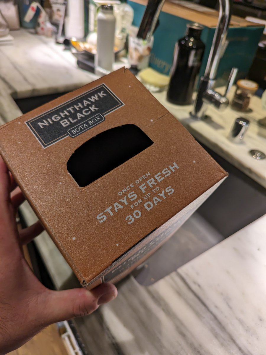 jonolson's tweet image. Start every day with the optimism of the packaging designer who put "Once Open, Stays Fresh for up to 30 Day" onto Bota Boxes