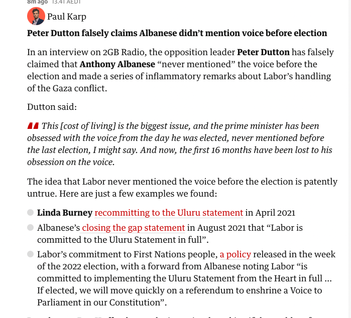 JoshButler's tweet photo. bizarrely Peter Dutton is now (falsely) claiming PM Albanese never mentioned the voice before the election

not that long ago, critics were dinging Albanese for committing to the Uluru statement from the heart dozens of times before the election
https://t.co/6rPkRLvD2s https://t.co/1CerujNta3