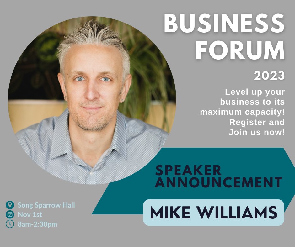 😀We are extremely excited to introduce our first speaker of the 2023 Business Forum, Mike Williams! Mike will be taking the stage at 8:30am to talk about AI and digital marketing. 

You can register for the Business Forum at 👇eventbrite.ca/e/710515520047…

#businessforum2023