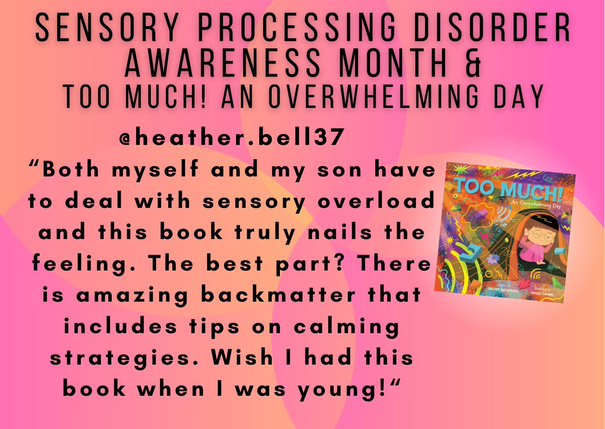 Day 11 of #sensoryprocessingdisorder Awareness Month: check out my #picturebook TOO MUCH! AN OVERWHELMING DAY (illustrated by <a href="/angelchangart/">Angel Chang</a> and published by <a href="/abramskids/">ABRAMS Kids</a>)!

#Parents #teachers #librarians #kidlit #kidlitart #Neurodiversity #SPD #booktwt