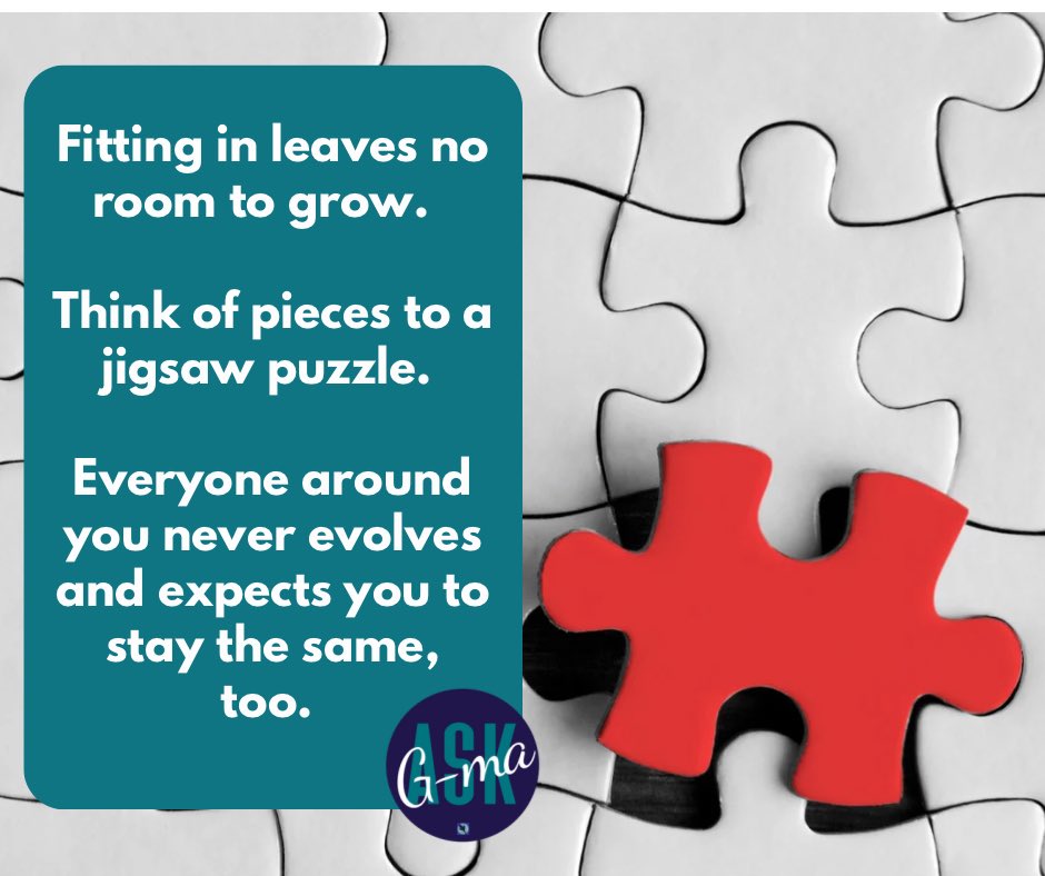 Balance fitting in with personal growth. It’s okay to want to belong, it's as important to evolve and grow as an individual. 

Find a supportive environment that encourages personal development and embraces change. 
🌈💛 Ask G-ma!

Lynn@MyVoiceCounts2.com
calendly.com/lynn-teatro/20