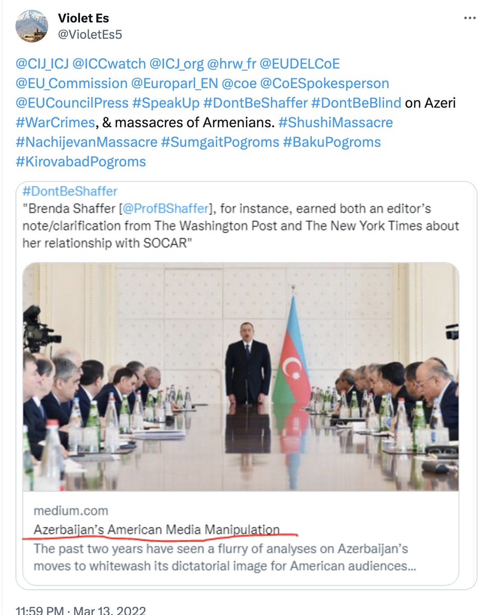 VioletEs5's tweet photo. @CIJ_ICJ @ICCwatch @ICJ_org @EUDELCoE @EU_Commission @Europarl_EN @coe @CoESpokesperson @EUCouncilPress

#DontBeShaffer #DontBeBlind on Azeri #WarCrimes, &amp; massacres of Armenians.
#ShushiMassacre #NachijevanMassacre #SumgaitPogroms #BakuPogroms #KirovabadPogroms #ArmenianGenocide https://t.co/igoZBt4Ikq