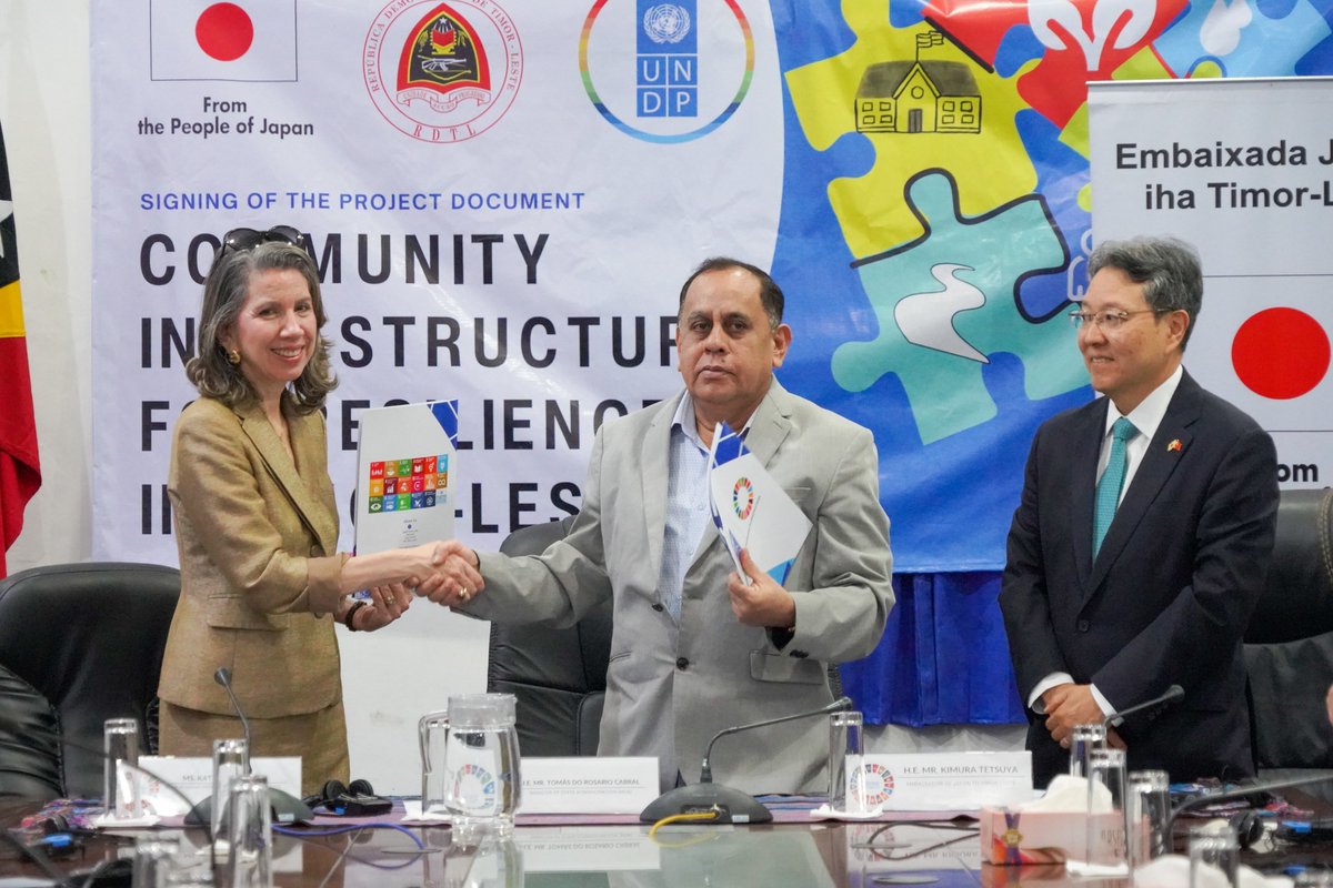 UNDPTimorLeste's tweet photo. The Govt. of 🇹🇱 & UNDP officially signed the #Prodoc for Community Infrastructure for Resilience Project, funded by the @JapanGov, to support 3 municipalities w/ 40 comm. infrastructures to enable them better access to health, education, markets, irrigation, water, & sanitation. https://t.co/Qjm8ru2aom