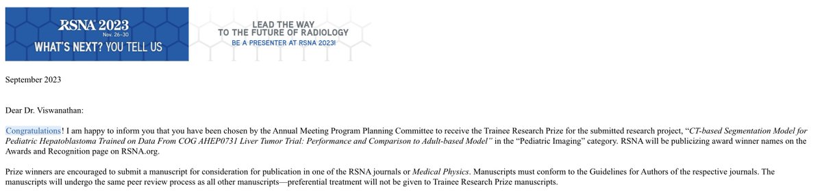 Thrilled to have our abstract selected for the 2023 RSNA Trainee Research Prize!! Delighted to be accepting the award on behalf of Saurabh Kumar, @anantm, @gschoolermd, @towbinaj, and the entire team. Check out our work in #PedsRad #AI at #RSNA23