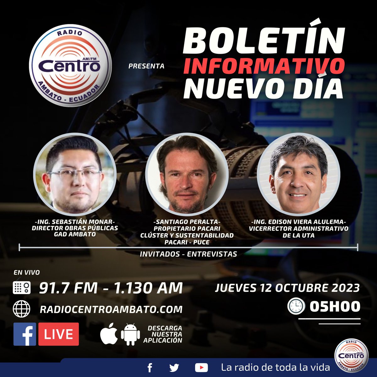 💥 Compartimos con ustedes la agenda del noticiero Boletín Informativo Nuevo Día de este jueves 12 de octubre de 2023.

Los invitamos a seguir las noticias y entrevistas por Radio Centro 91.7 FM - 1.130 AM 📻, radiocentroambato.com 🌐 y en Facebook Live desde las 06h00.