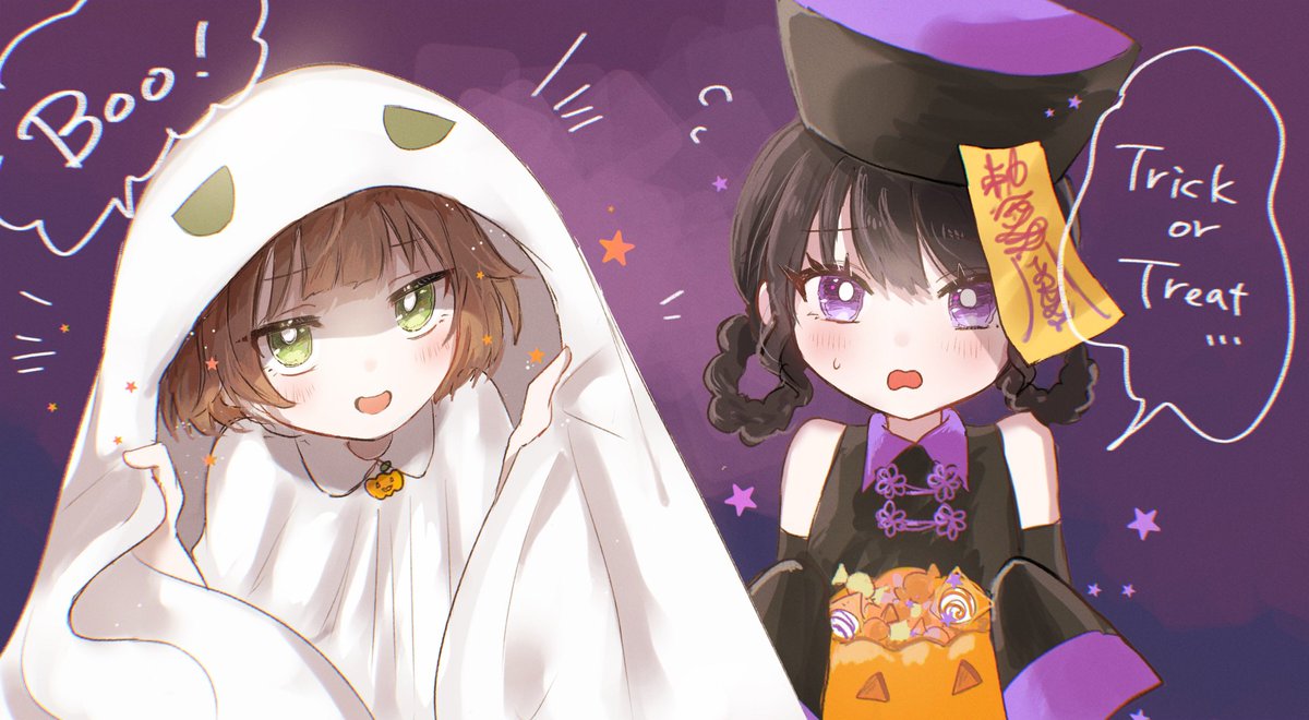 ghost costume multiple girls 2girls green eyes brown hair purple eyes candy  illustration images
