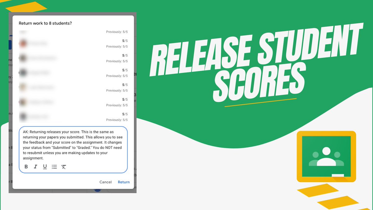 💻 #GoogleClassroom

⏎ Return student work is an essential part of the process

🖇 Returning work changes the status from "Submitted" to "Graded"

📝 This is the SAME as when you "returned papers" to the students. 

👍 Returning releases their score and alerts them to feedback