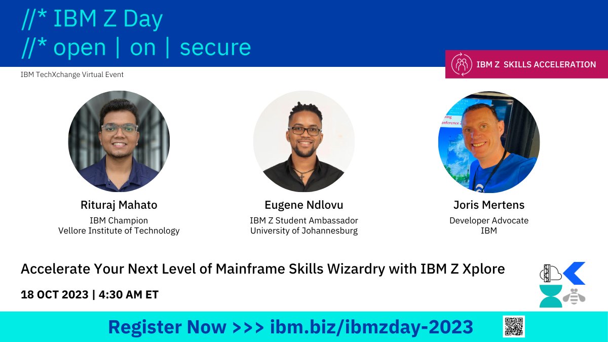 Here comes the session I'll be part of during IBM Z Day, along with Eugene Ndlovu and Joris Mertens.

You don't want to miss the IBM Z day register now. ibm.biz/ibmzday-2023

Don't miss this chance to elevate your skills! 📆

#IBMChampion #IBMTechXchange #TechnicalSession