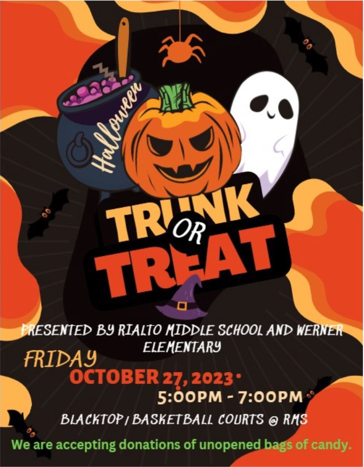 Join RMS and @wernerstars Elementary on 10/27 from 5-7 on a night of fun, candy, and decked out spooky cars. #rialtomiddleschool #integrityanddetermination