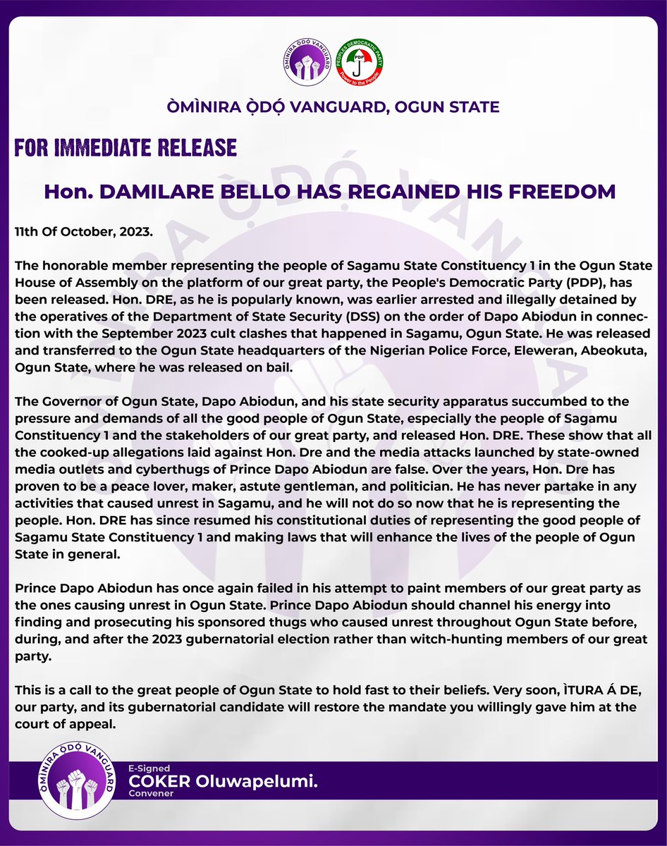Ominiraodo's tweet photo. Hon. Dre released; our OFFICIAL STATEMENT
#ominiraodo
#ogunpdp
#pdpyouths https://t.co/GsYPGtcgXX