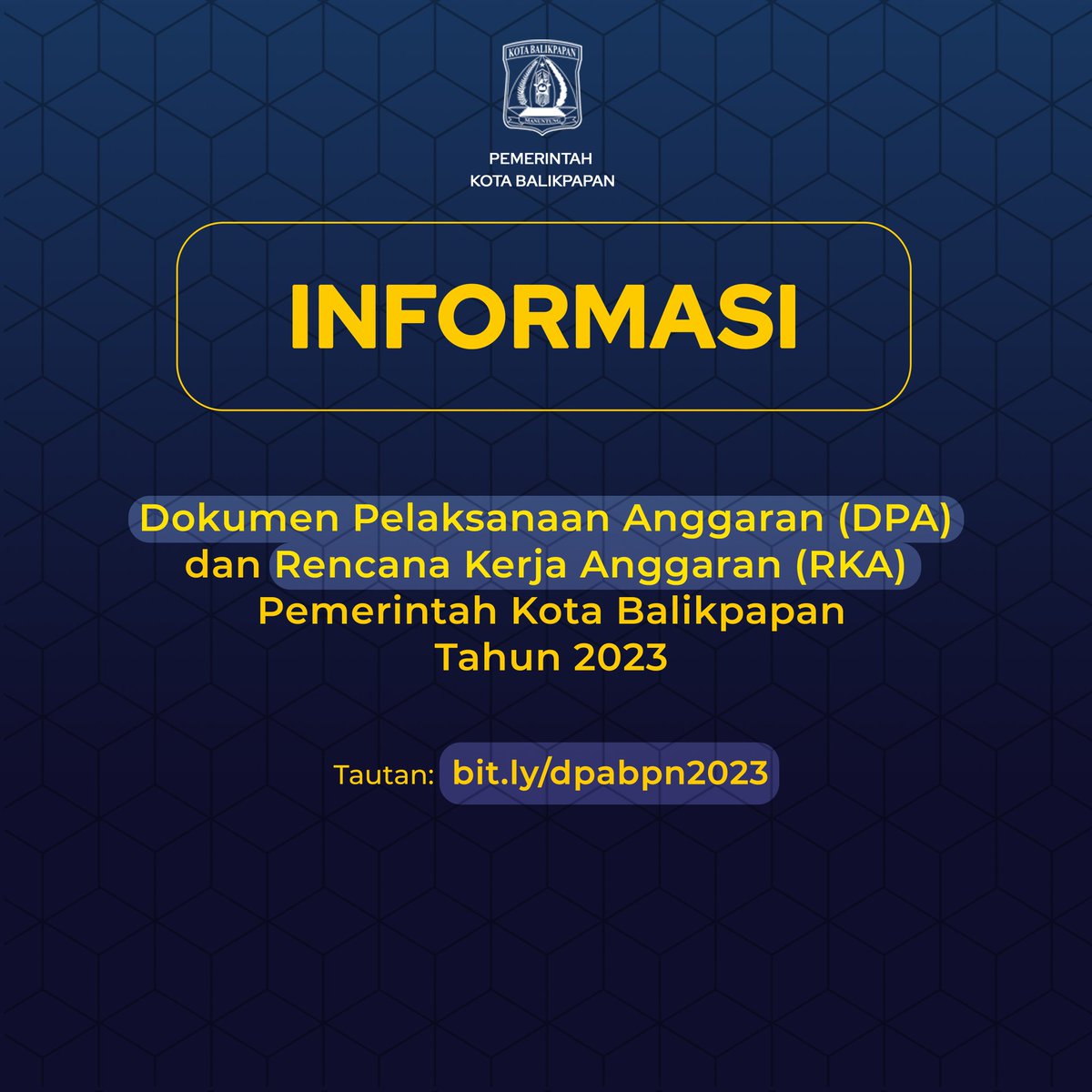 Pemerintah Kota Balikpapan membuka akses informasi publik salah satunya adalah Dokumen Pelaksanaan Anggaran (DPA) dan Rencana Kerja Anggaran (RKA) Pemerintah Kota Balikpapan Tahun 2023

Dokumen ini dapat diakses melalui tautan: bit.ly/dpabpn2023

#keterbukaaninformasipublik