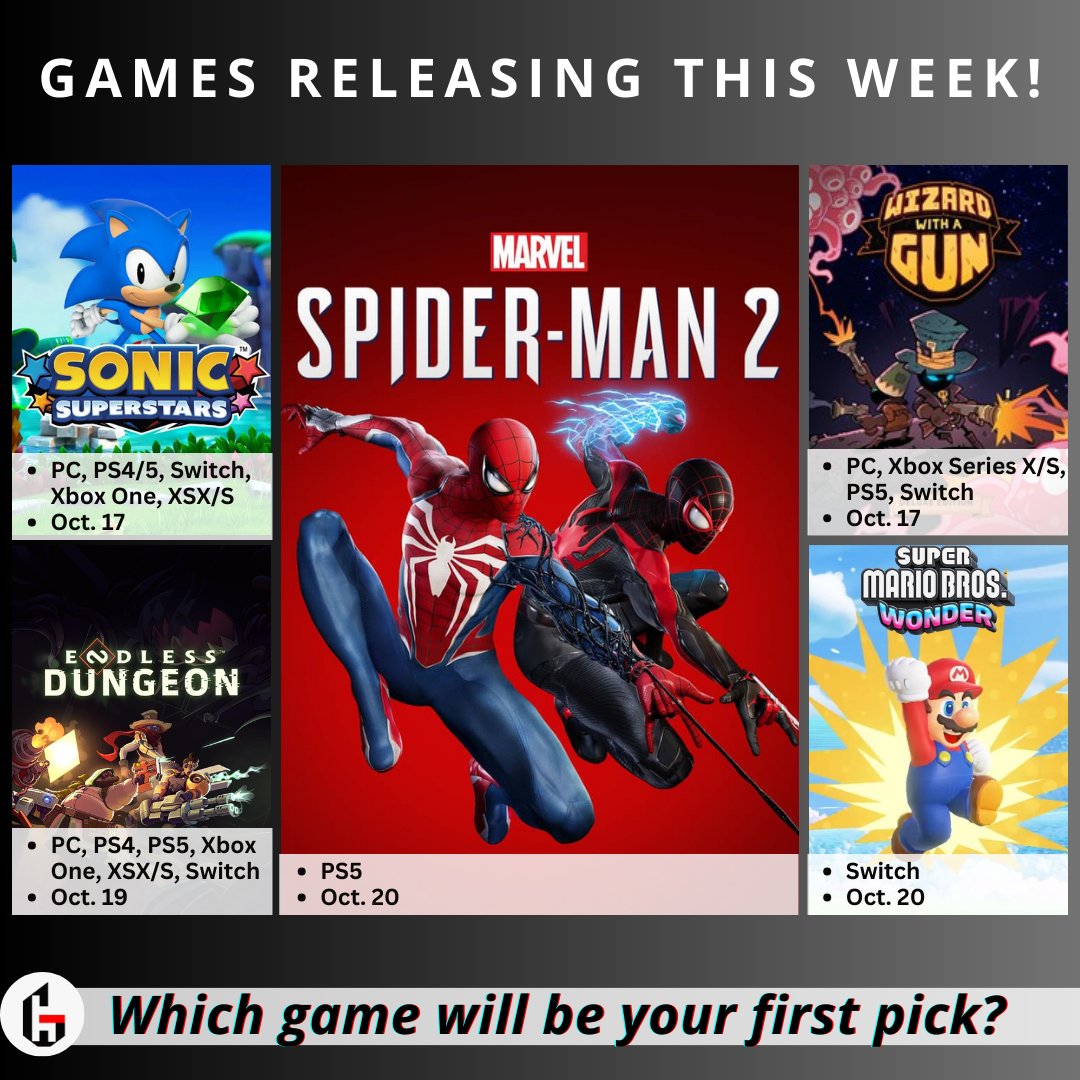 games_hzon's tweet photo. Releasing THIS Week and we can't wait! Which game will you be playing first?
#WeeklyRelease #SonicSuperstars #WizardwithaGun #EndlessDungeon #SpiderMan2 #SuperMarioBrosWonder #PC #XBox #Switch #PS4 #PS5 #VideoGame #GamesHorizon https://t.co/EYllht0YzM