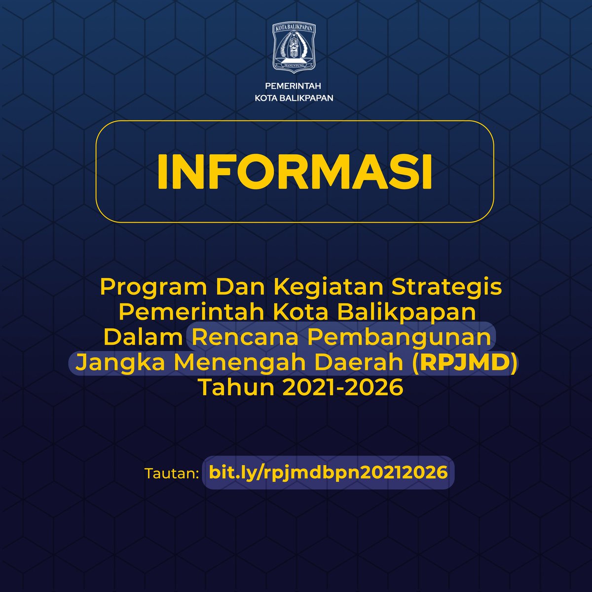 Pemerintah Kota Balikpapan membuka akses informasi publik salah satunya informasi program dan kegiatan strategis Pemerintah Kota Balikpapan dalam Rencana Pembangunan JangkaMenengah Daerah (RPJMD)Tahun 2021-2026.

Dokumen ini dapat diakses melalui tautan: bit.ly/rpjmdbpn202120…