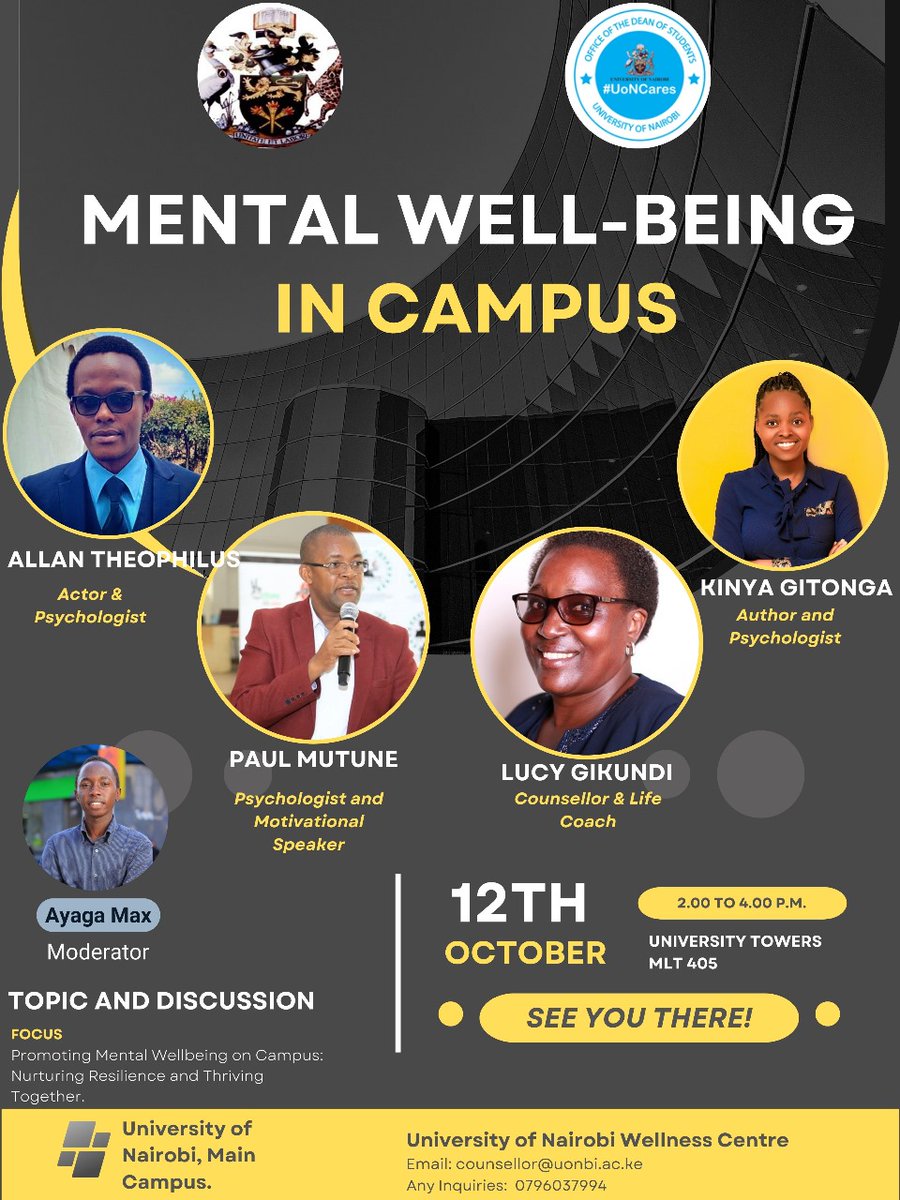 College time directly coincides the age of onset for mental health issues. Hosted by UON Wellness center, join us as we discuss mental wellbeing in campus.Let young people tailor solutions. #WorldMentalHealthDay @LSA_UoN @Lit_uon @smutoro @UNCTVke @amprahmaxwell98 @DrOmbongi