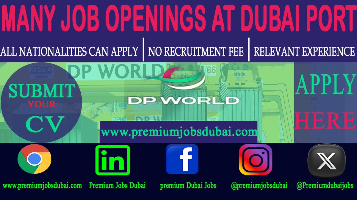 DP World Recruiting in (10+) Positions
ApplyNow | premiumjobsdubai.com/2023/09/dp-wor…
.
.
.
.
.
.
.
.
.
#communicationsjobs
#logisticsjobs
#managementjobs
#procurementjobs
#salesjobs
#engineeringjobs 
#DPworld 
#portjobs #dubaijobs 
#dubaijobvacancies 
#vacancies2023 
#uaejobs