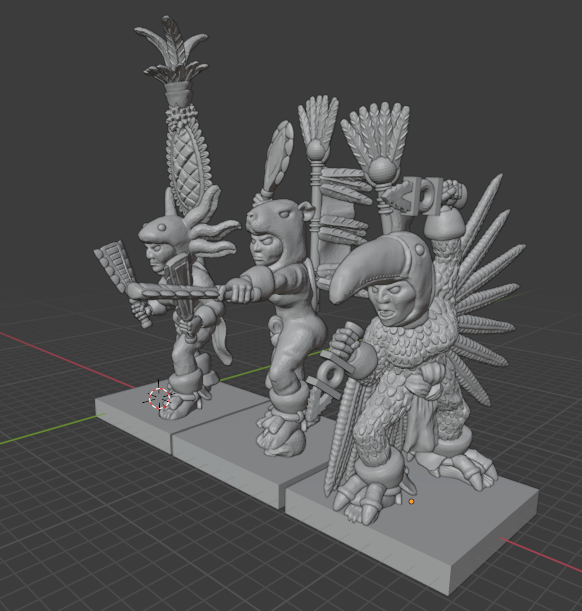 These 'totem warriors' are some of the most prodigious warriors of the Amazons, (they've even earned shoes!) they take on the guise of local animals to embody their beastial nature on the battlefield. 

an axolotl, capybara and toucan warrior.

#WarhammerCommunity  #3DPrinting