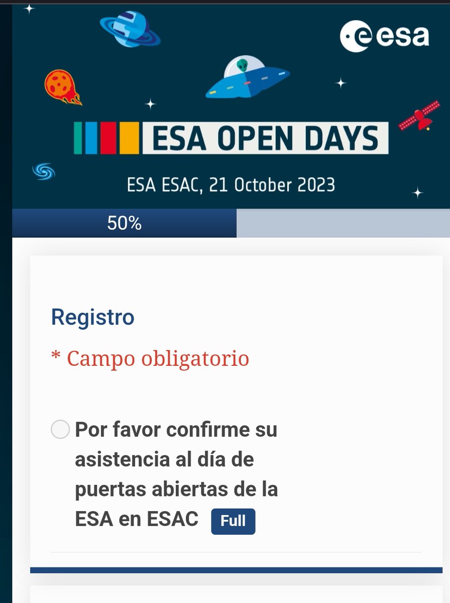 isilla's tweet photo. @esa_es @esa Hola! ¿Está completo el aforo ya? No me deja seleccionar el campo de confirmación de asistencia para completar el registro: https://t.co/WKPFUBFniS