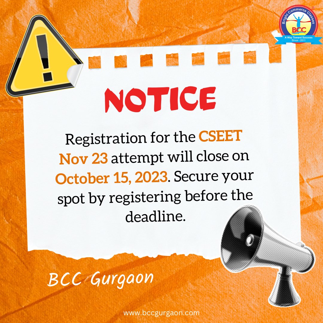 Bccgurgaon's tweet image. Registration for the CSEET Nov 23 attempt will close on October 15, 2023. Secure your spot by reg
#CSEET2023 #ExamGuidelines #PreparationIsKey #CSEET #cseetcoachingingurgaon #cseetinstitutenearme #Cseetpreparation #cseetentrencetest #bccgurgaon #bestcommerceclasses